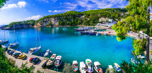 Beautiful Alonissos island - relaxing tranquil hollidays in Greece. Patitiri bay. Sporades - obrazy, fototapety, plakaty