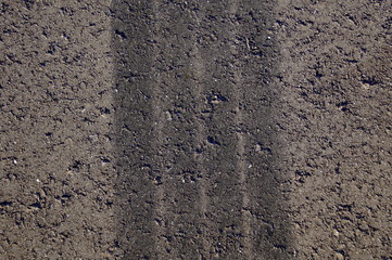 Black tire tracks on grey asphalt.