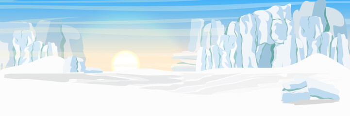 The glacier and the snow-covered plain. Vector landscape of the Arctic, Antarctic or Greenland