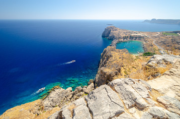 Fototapeta na wymiar view on St Paul's Bay in Lindos, Rhodes island, Dodecanese, Greece