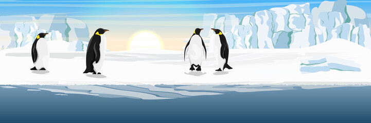 A flock of realistic imperial penguins. The glacier and the snow-covered plains and the cold blue sea. Landscapes of the Antarctic.