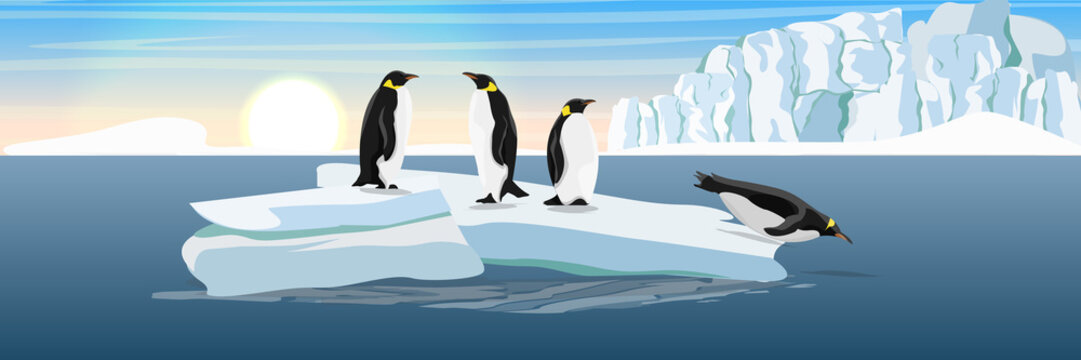 The glacier and the ice-break from it, floating in the dark cold sea. Penguins on the ice floe. Vector landscape of the Arctic, Antarctic or Greenland. Northern landscapes.