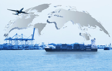 Transportation, import-export and logistics concept, container truck, ship in port and freight...