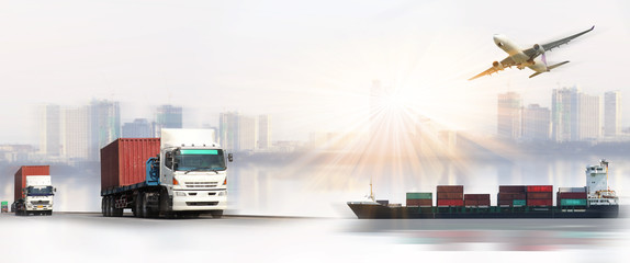 Transportation, import-export and logistics concept, container truck, ship in port and freight...