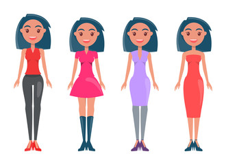 Obraz premium Young Girls in Casual and Elegant Outfits Set