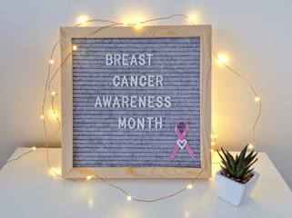 Breast Cancer October Awareness Month text on felt letter board