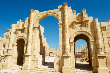 South gate of the ancient Roman city of Gerasa, modern Jerash in Jordan..