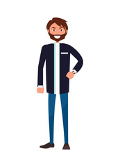Bearded Man in Jacket and Blue Jeans Stand Smiling