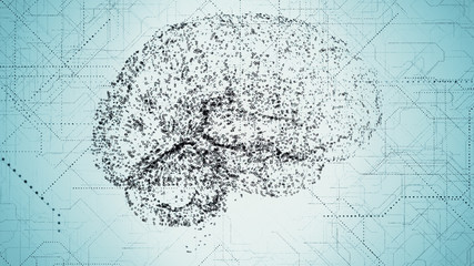 Digital Artificial Intelligence dark blue brain appears in a particle of binary data scan in futuristic cyberspace. Neural network deep learning technology concept. 3D illustration