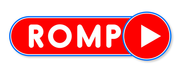 Romp - white text written on a red banner on white background