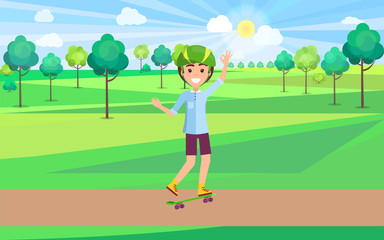 Cheerful Teen Skating in Summer Park Vector Banner
