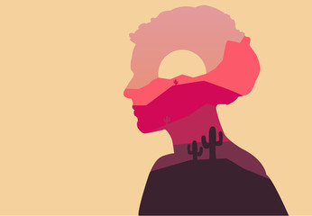 Vector double exposure illustration. Woman silhouette nature background