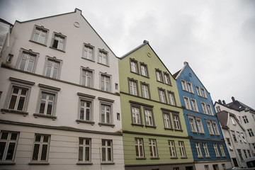 A beautiful scenery on the streets of Bergen, Norway. Overcast day.