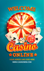 Fototapeta premium Welcome flyer for casino online with poker cards, playing dice, chips, fortune wheel and other gambling design elements. Invitation poster template on shiny background. Vector illustration.