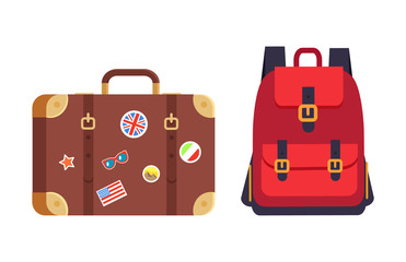 Luggage and Red Rucksack, Vector Illustration