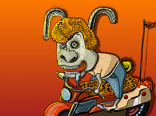 Doodle illustration smiling rabbit character on motorcycle or bike on orange background. Creaft beer bottle label.