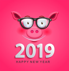 Cute greeting card for 2019 new year with smiling clever pig's face in glasses on pink background.Chinese symbol of the 2019 year. Zodiac, lunar sign of goroscope.Year of the pig. Vector illustration.