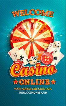 Welcome flyer for casino online with poker cards, playing dice, chips, fortune wheel and other gambling design elements. Invitation poster template on shiny background. Vector illustration.