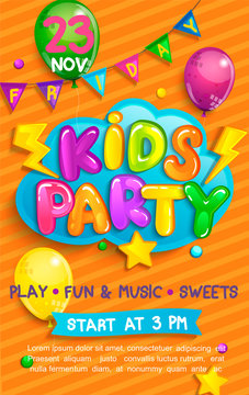 Super Flyer for kids party in cartoon style with sunburst background. Place for fun and play, kids game room for birthday party. Poster for children's playroom decoration. Vector illustration.