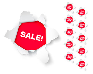 Paper explosion banner collection off with share discount percentage. Vector illustration