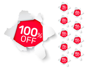 Paper explosion banner collection off with share discount percentage. Vector illustration - obrazy, fototapety, plakaty