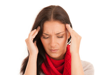 Young ill woman has headache isolated over white background