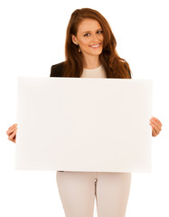 Fototapeta premium attractive business woman holding white banner with copy spave for additional text or graphic isolated over white