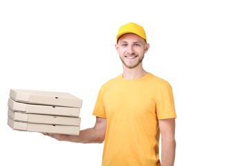 Delivery man with pizza on white background