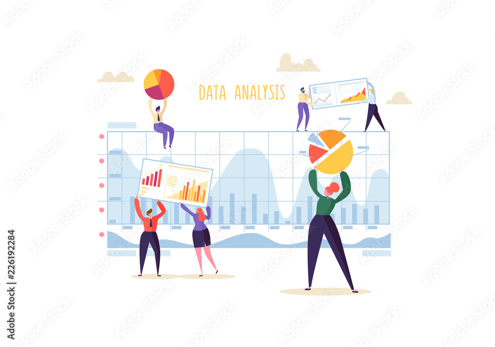 Poster big data analysis strategy concept. marketing analytics with business people characters working toge