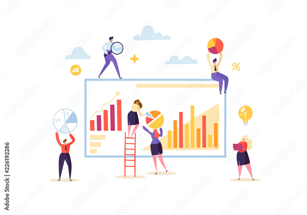 Poster big data analysis strategy concept. marketing analytics with business people characters working toge