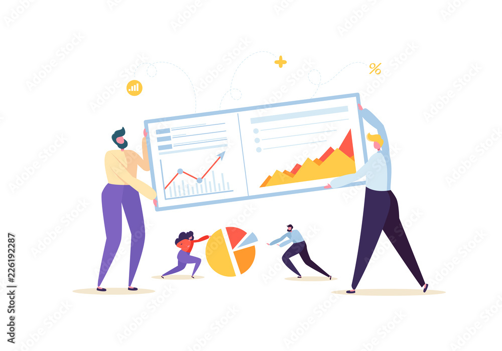 Poster big data analysis strategy concept. marketing analytics with business people characters working toge