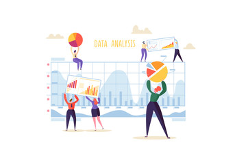 Fototapeta na wymiar Big Data Analysis Strategy Concept. Marketing Analytics with Business People Characters Working Together with Diagrams and Graphs. Vector illustration