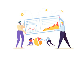 Fototapeta na wymiar Big Data Analysis Strategy Concept. Marketing Analytics with Business People Characters Working Together with Diagrams and Graphs. Vector illustration