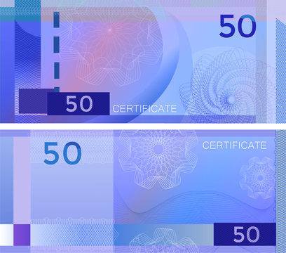 Voucher template banknote 50 with guilloche pattern watermarks and border. Blue background banknote, gift voucher, coupon, diploma, money design, currency, note, check, cheque, reward. certificate