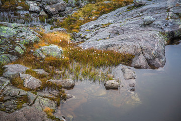 A beautiful autumn mountain landscape with a small lake. Natural scenery in Norwegian mountains. Small water pond in mountains.