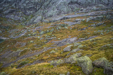 A beautiful autumn landscape in Folgefonna National Park in Norway during a hike in windy, rainy weather. Mountains in Scandinavia. Autumn scenery in wilderness.
