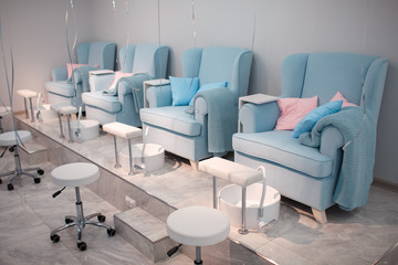 Chairs in a pedicure beauty salon