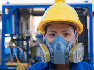 women protection cartridge respirator gas mask - close up. - obrazy, fototapety, plakaty