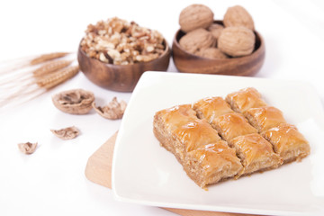 turkish baklava with walnut on plate