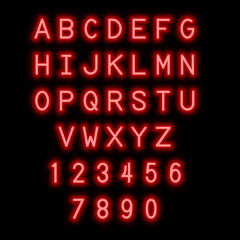 English alphabet and numbers. Neon style.