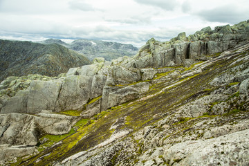 A beautiful rock formations in the mountains of Folgefonna national park in Norway. Autumn landscape with a rocks.