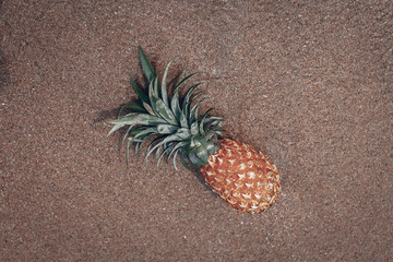 The pineapple is lying on sand near sea water