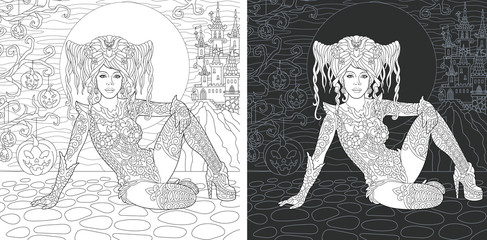 Halloween witch girl. Coloring Page. Coloring Book.