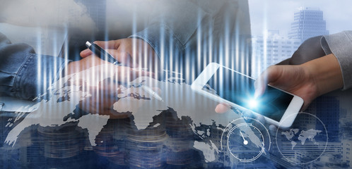 Business man working connect to network and Connection technology concept