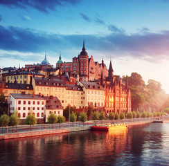 Fototapeta na wymiar view at Stockholm at night in summer. Sunset with beautiful buildings in the capital of Sweden