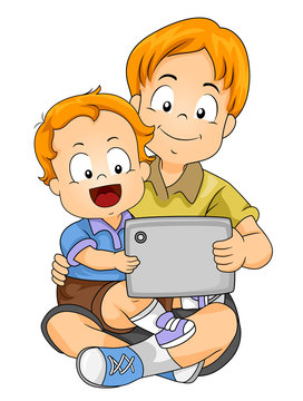 Kids Boy Baby Sit Brother Tablet Illustration