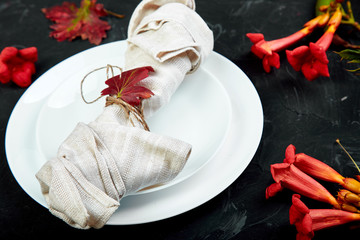 Fall table setting for Thanksgiving day celebration