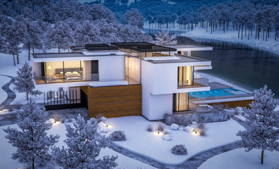 Fototapeta na wymiar 3d rendering of modern cozy house by the river with garage. Cool winter night with cozy warm light from windows. For sale or rent with beautiful mountains on background