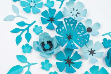 Flower and leaf of blue color made of paper