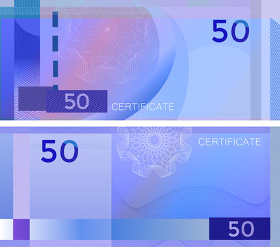 Voucher template banknote 50 with guilloche pattern watermarks and border. Blue background banknote, gift voucher, coupon, diploma, money design, currency, note, check, cheque, reward. certificate